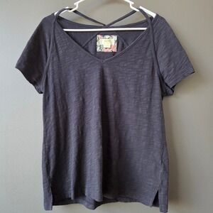 Maeve by Anthropologie Black V Neck TShirt Crisscross Back Short‎ Sleeve Small